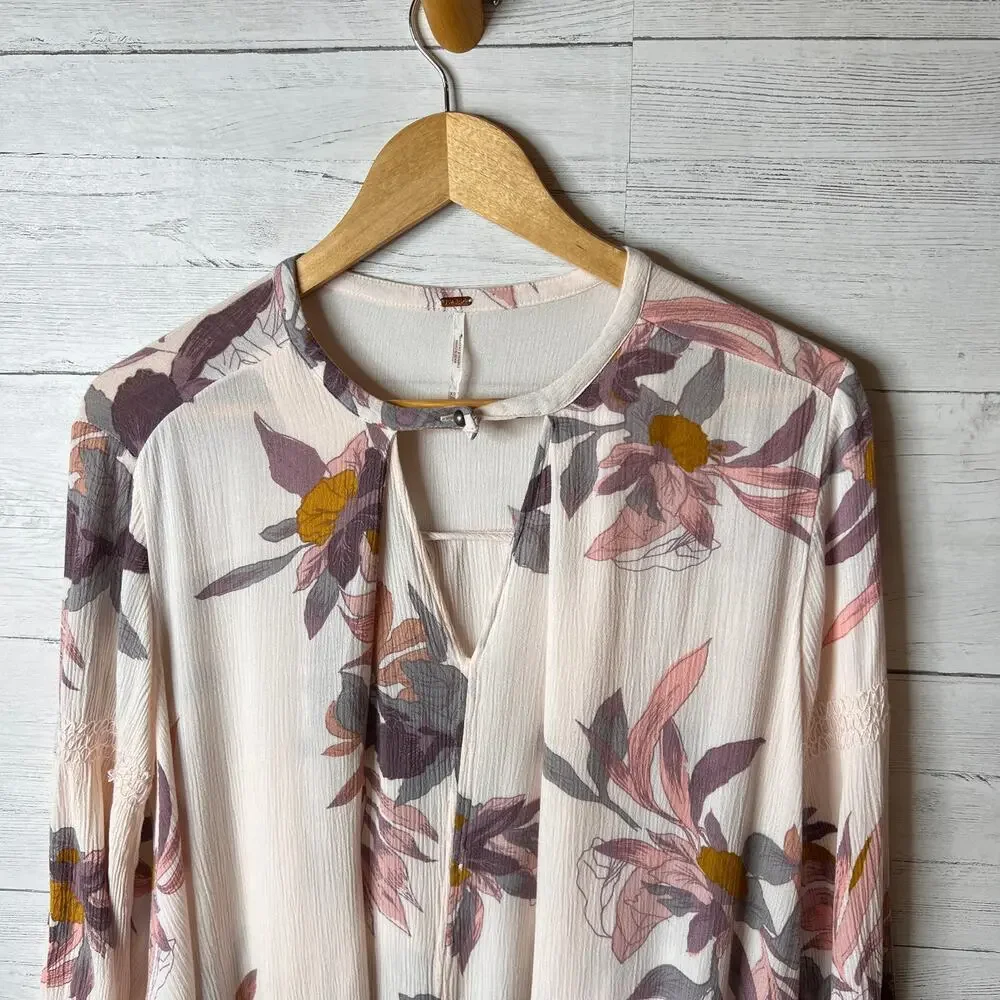Free People Dress Womens Size XS Pink Floral Tree Swing Tunic Puff Sleeves